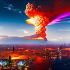 Massive explosion with mushroom cloud over modern cityscape at twilight