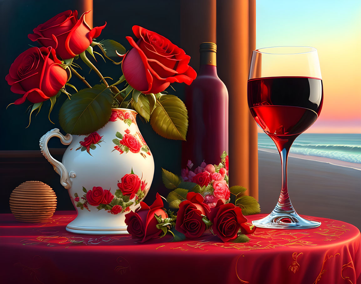 Red Roses, Wine Bottle, Glass on Beach Sunset Still Life