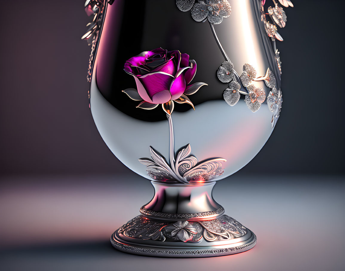 Digitally-rendered vase with intricate floral patterns and a vibrant purple rose.