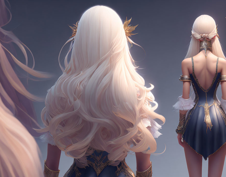 Three artworks of a female character with long blonde hair and intricate golden accessories in a blue and gold outfit