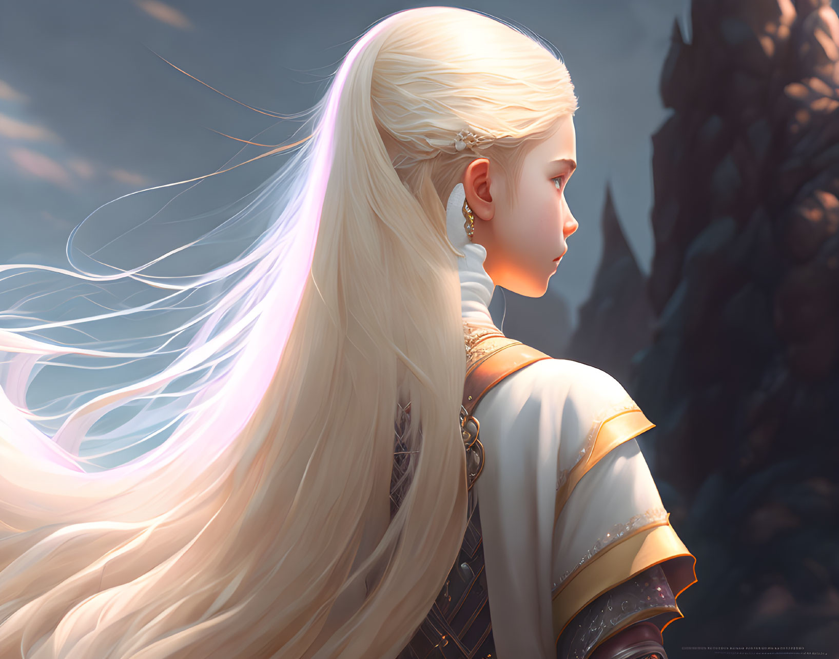 Digital art portrait: Woman with long white hair and elven features in white and gold outfit.