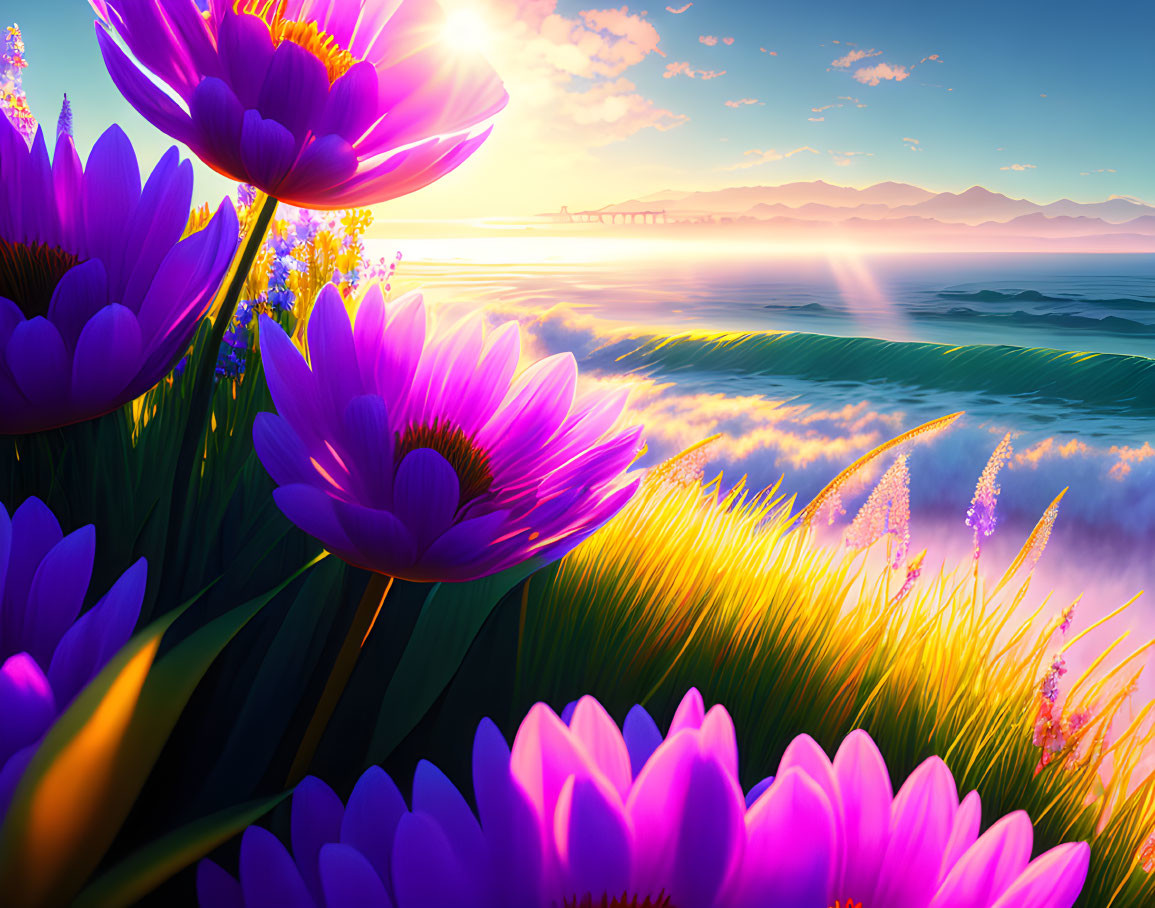 Vibrant purple flowers, golden fields, green hills, tranquil sea under dawn sky