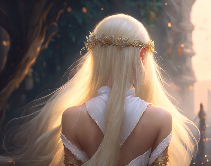 Blonde figure with golden laurel crown in sunlit fantasy forest