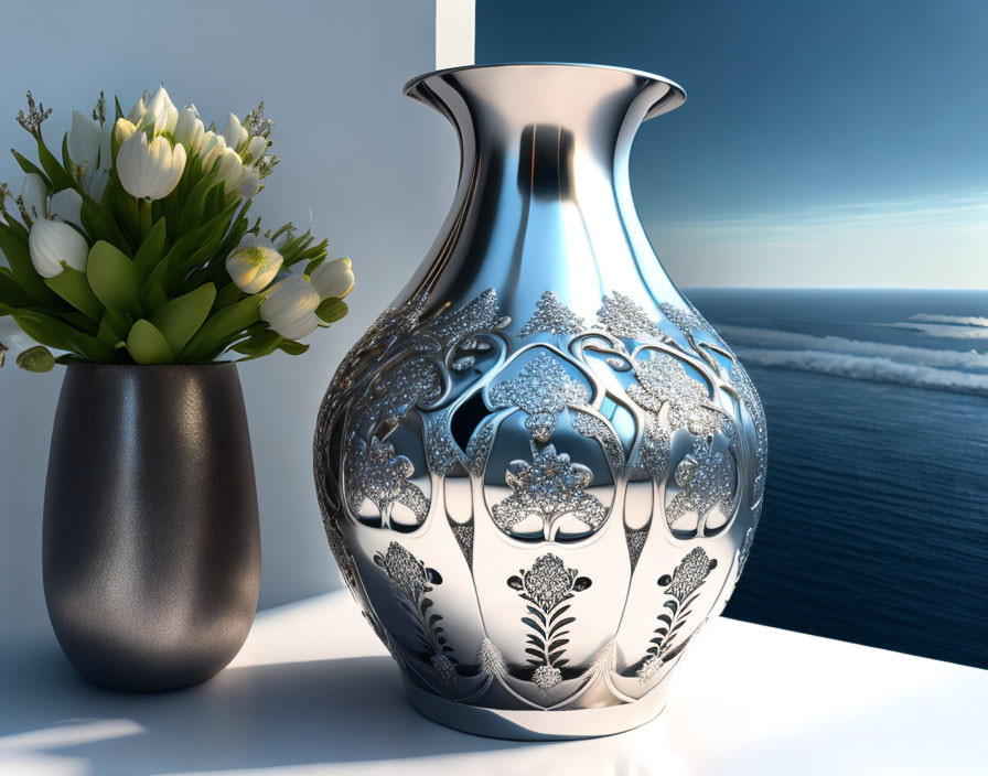 Silver and black vases with floral designs on ocean background