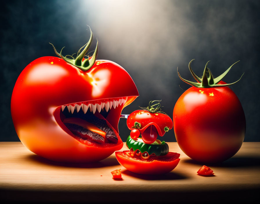 Tomatoes arranged creatively with one resembling a mouth on wooden surface