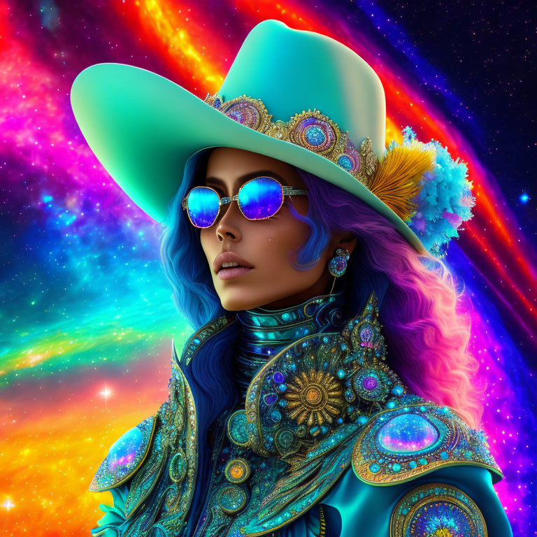 Colorful digital art portrait of a woman with blue hair and sunglasses in cosmic setting.