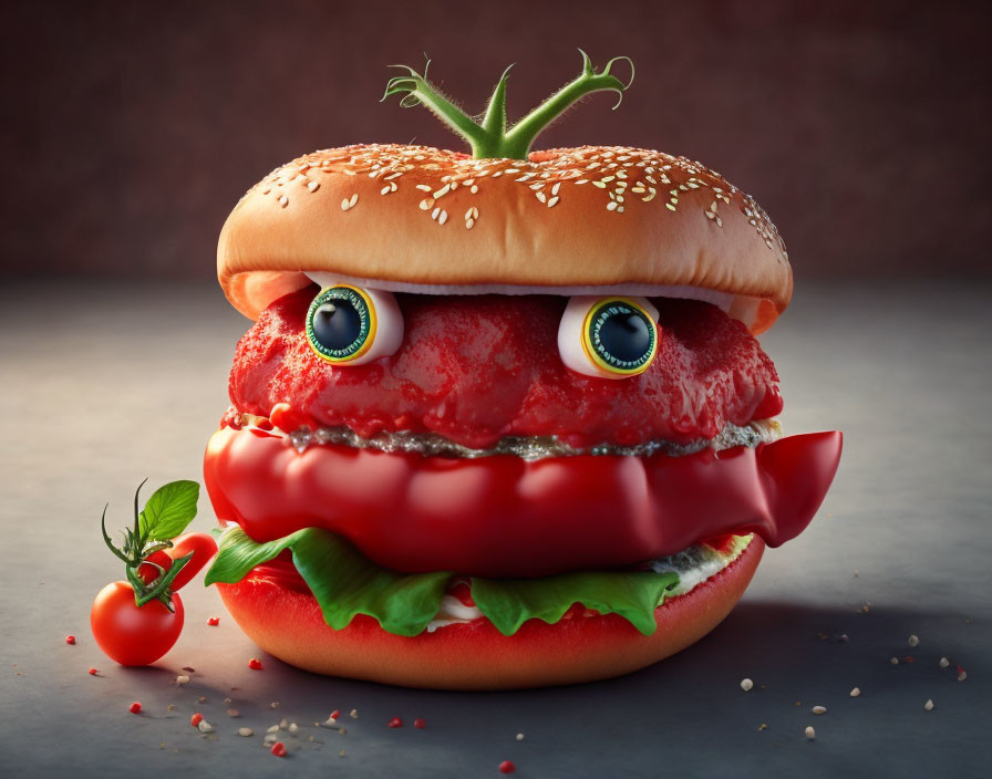 Whimsical burger with googly eyes and tomato tongue beside cherry tomato and basil leaf