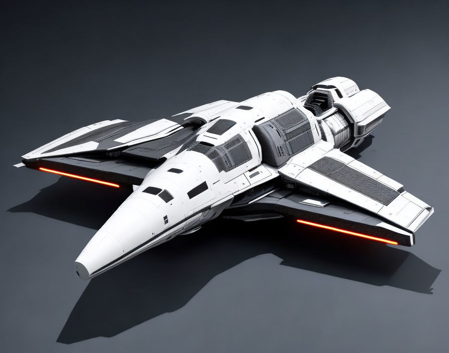 Detailed Futuristic White and Gray Spaceship Model with Red Accents on Dark Background