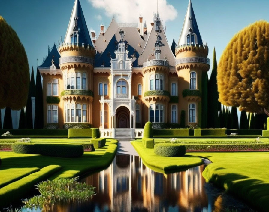 Ornate fairytale castle with turrets by tranquil pond