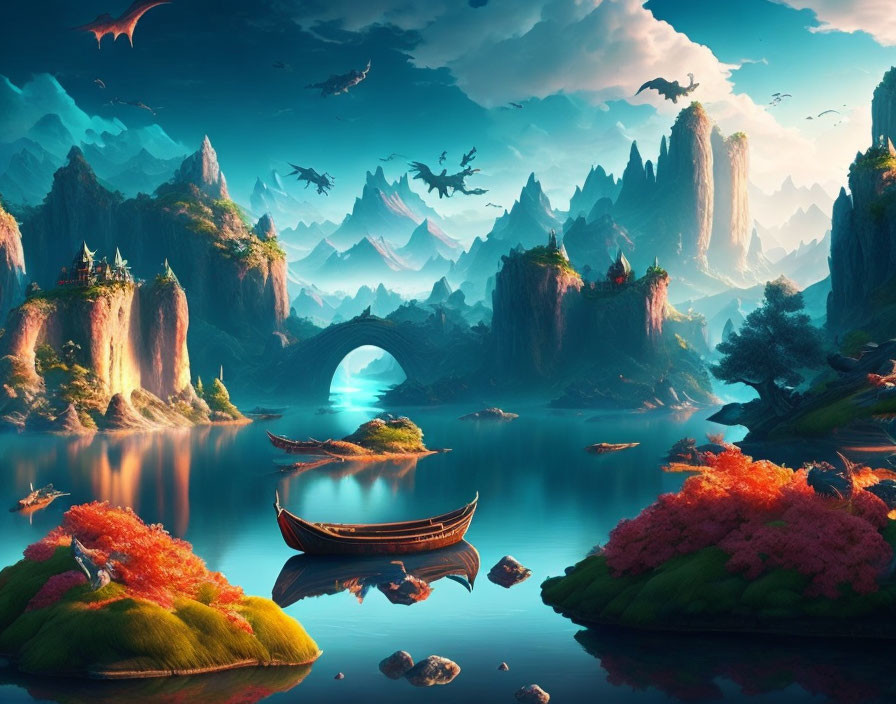 Fantasy landscape with vibrant flora, cliffs, river, dragons, and boat