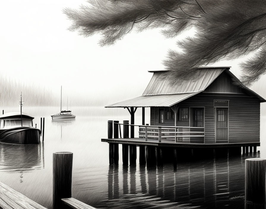 Tranquil monochrome lake scene with boat house, dock, moored boats, and misty