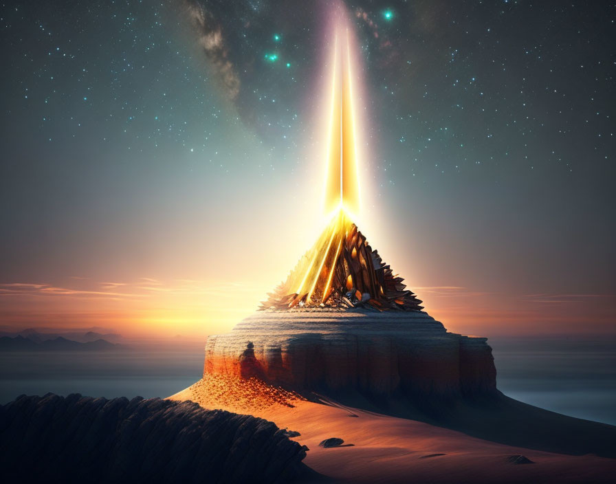 Pyramid structure emits luminous beam on serene island night.