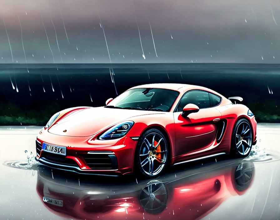 Red sports car parked in heavy rain on glossy surface