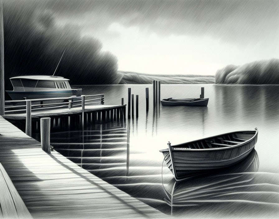 Tranquil lakeside scene with boats on wooden pier