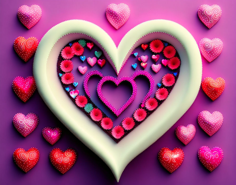 Layered heart design with nested hearts and patterns on purple background.