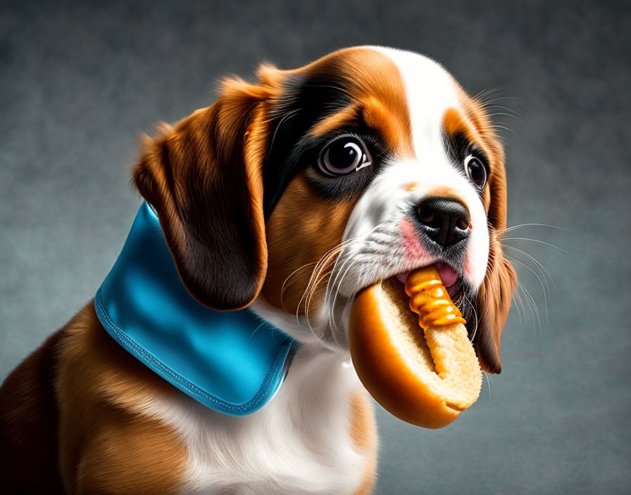 Adorable puppy with bandana biting hot dog on gray background