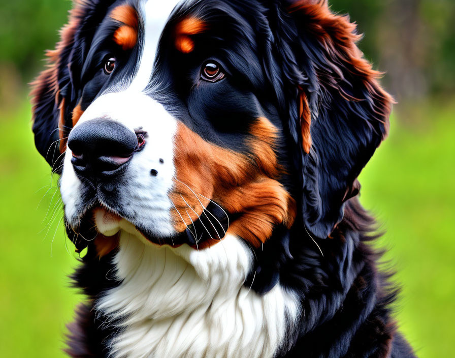 Bernese Mountain Dog with Glossy Fur and Bright Eyes on Green Background