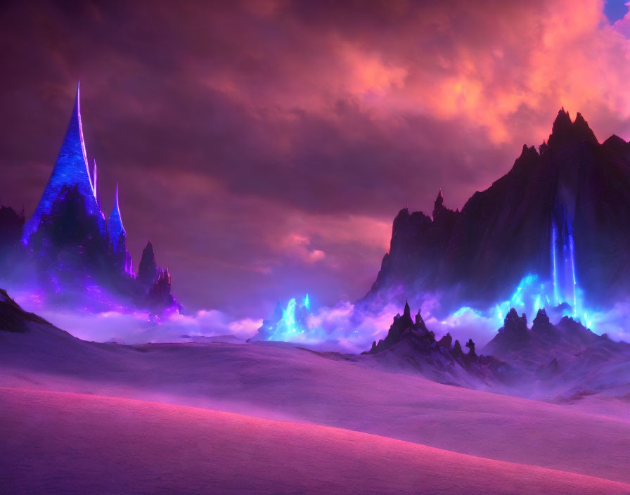 Surreal landscape with glowing blue crystals and jagged mountains