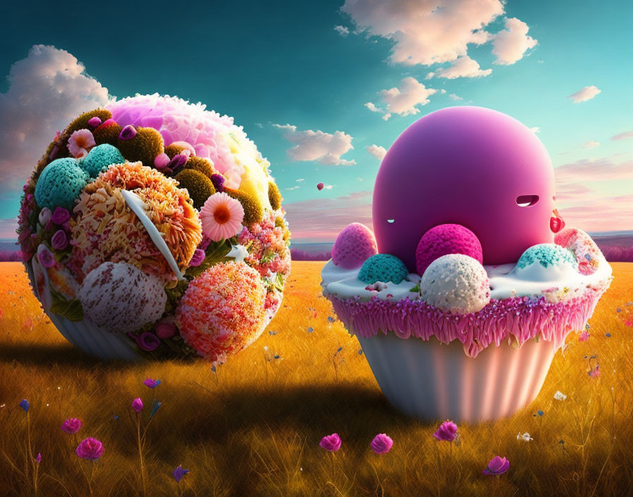Colorful spherical dessert-like creatures under sunset sky
