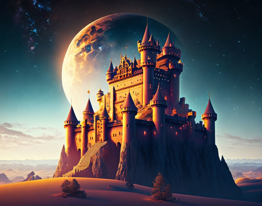 Castle on rocky outcrop dominates desert night scene