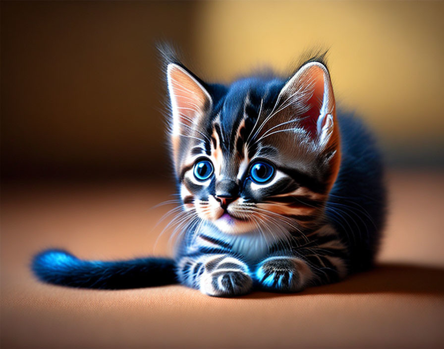 Striped kitten with vivid blue eyes on warm surface