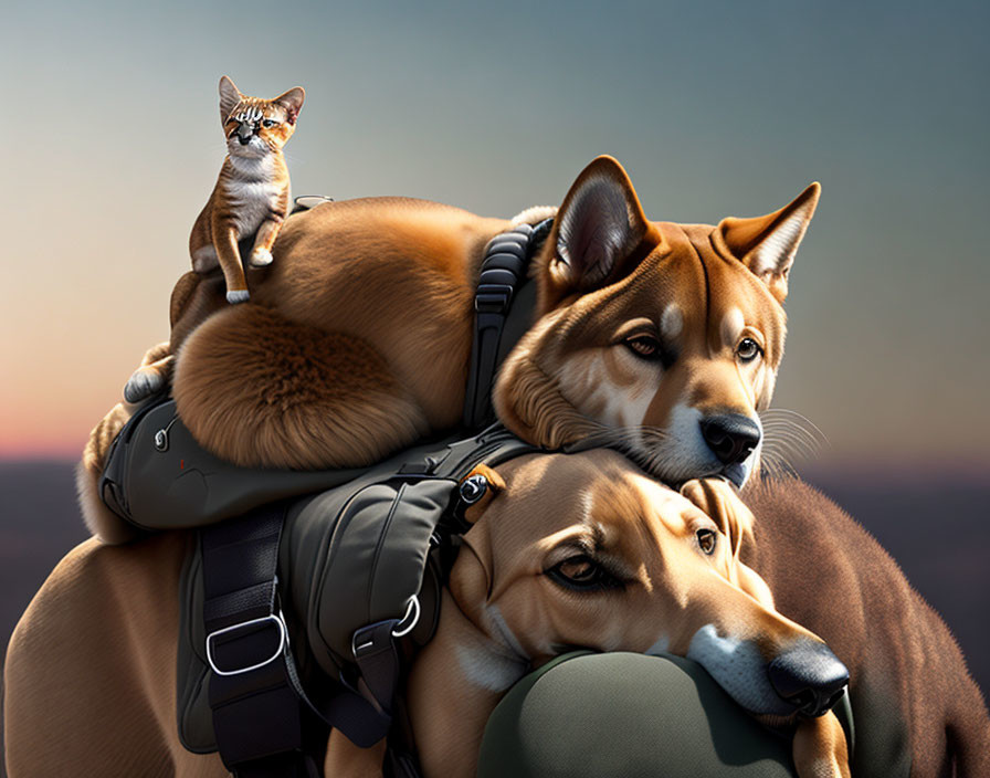 Digital illustration: Two dogs in harness with cat on top, under dusk sky