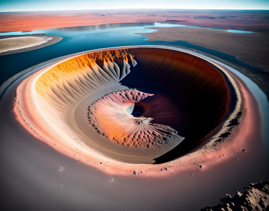 Crater with layered sediment, central peak, water, desert landscapes, blue sky