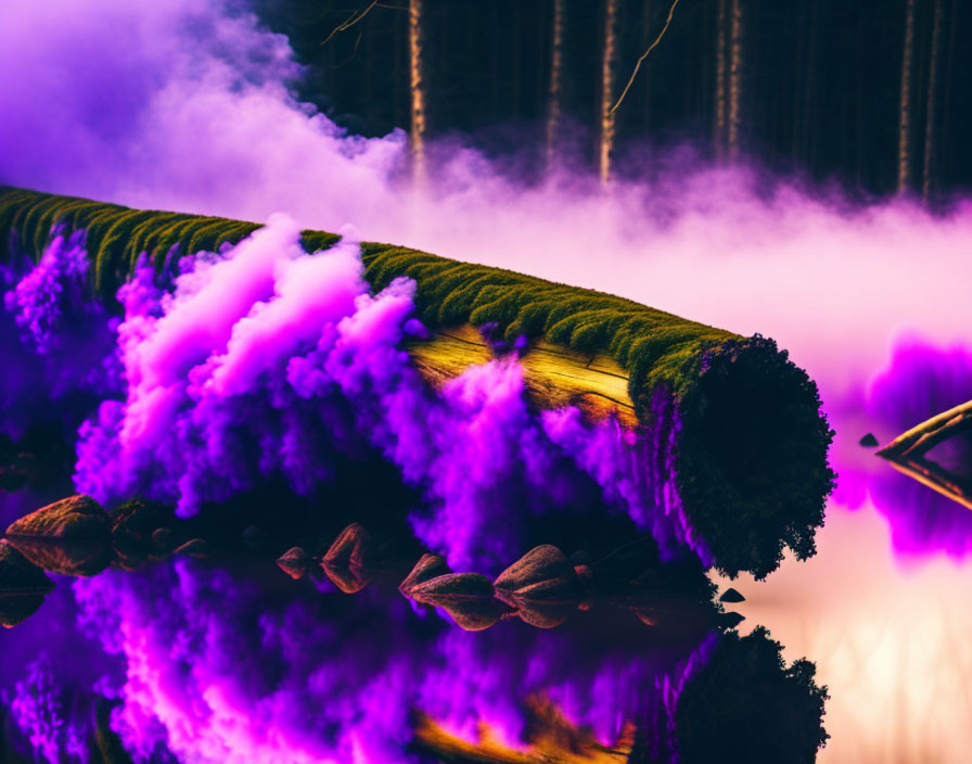 Moss-Covered Log in Purple Smoke with Blurred Tree Trunks