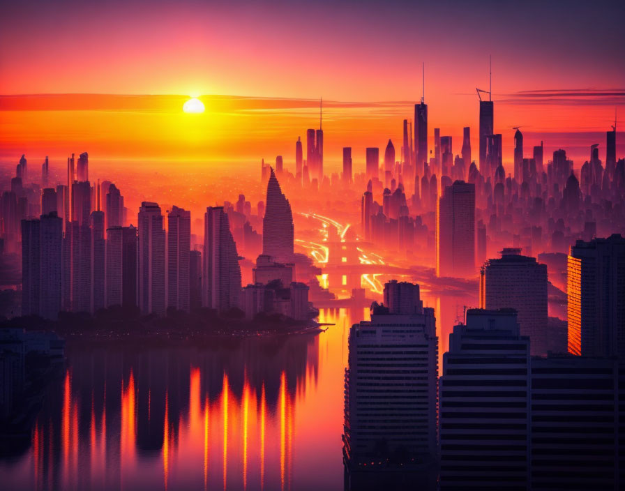 Urban skyline at sunrise: skyscrapers silhouetted against orange sky