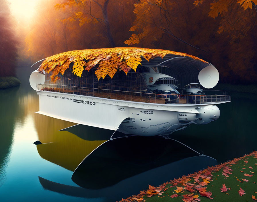 Autumn Camouflaged Airship Over Tranquil River Amid Fall Foliage