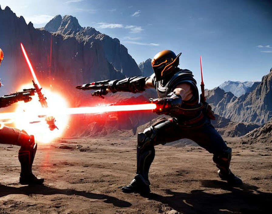 Futuristic warrior in armor dodging laser blasts with red lightsabers