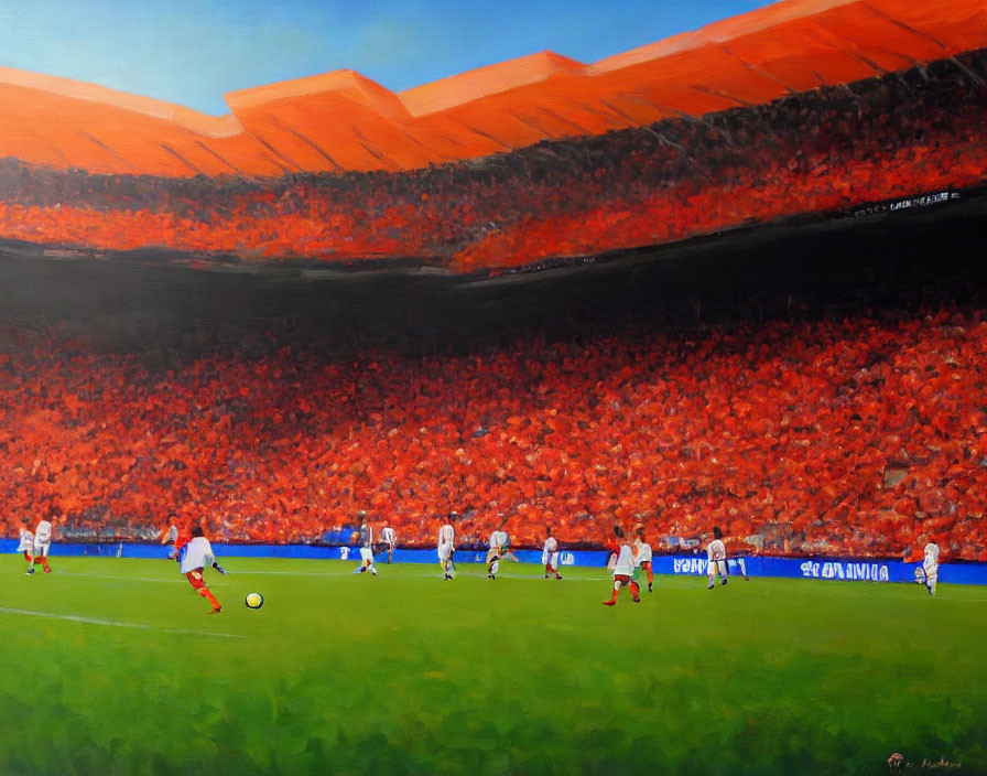 Colorful Soccer Game Painting with White and Blue Players, Orange Crowd, and Stadium