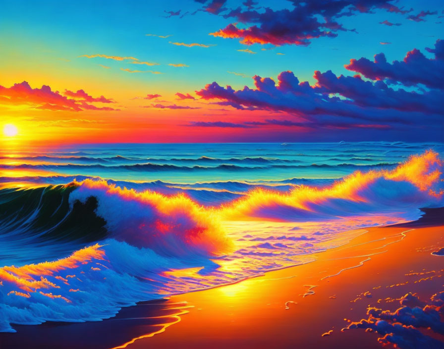 Scenic sunset over ocean with fiery hues reflecting on waves