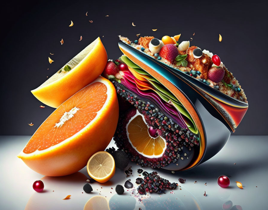 Colorful sliced fruits and layers resembling an open book with suspended berries.