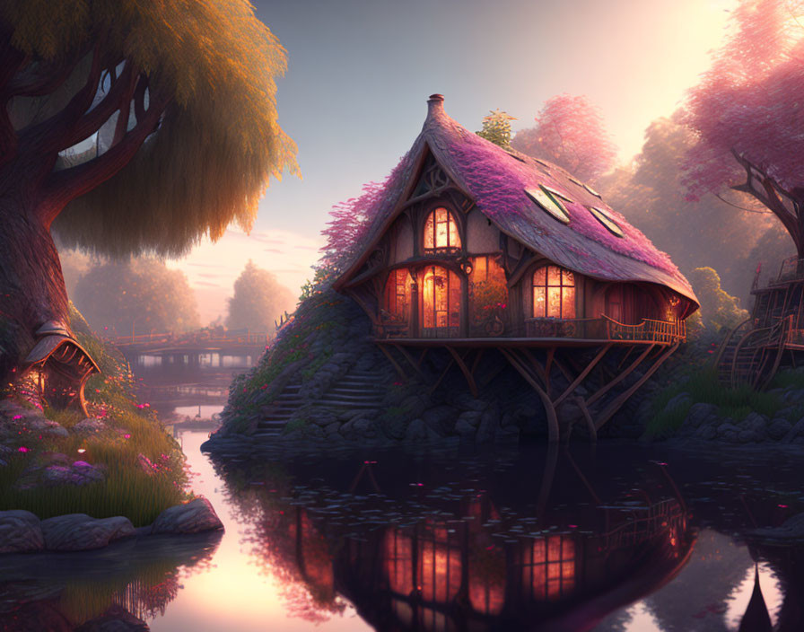 Cozy illuminated cottage by serene river at dusk