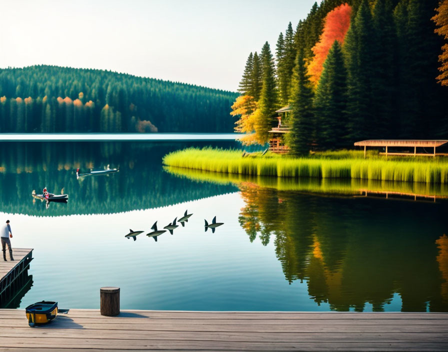 Tranquil lake scene with canoe, dock, flying ducks, trees, and cabin