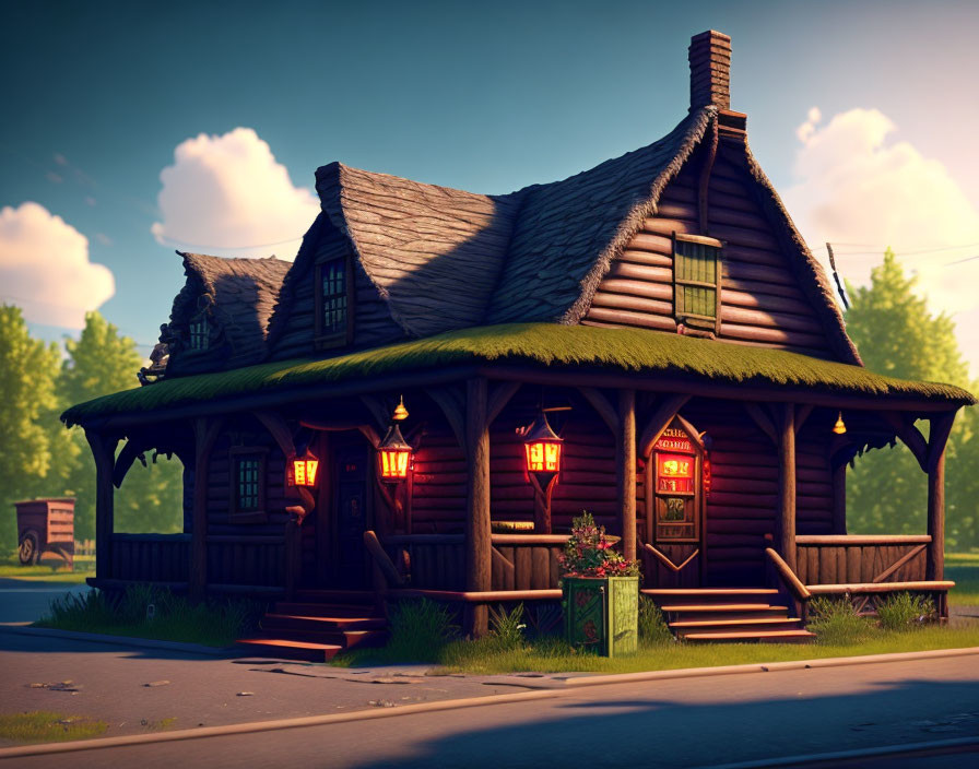 Stylized animation of cozy wooden cabin in serene setting