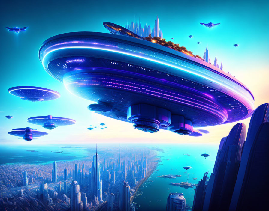 Futuristic cityscape with flying saucers and advanced structures