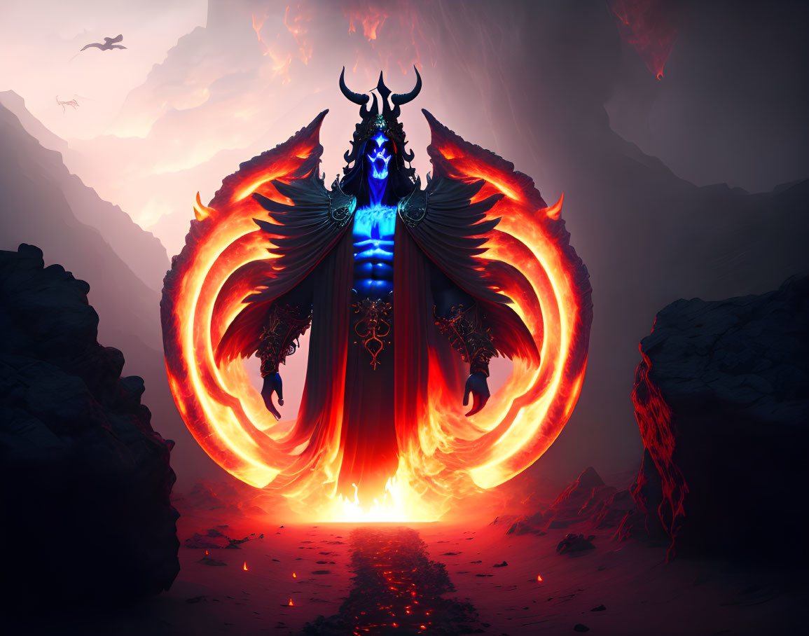 Fiery-winged figure with glowing blue details in volcanic landscape