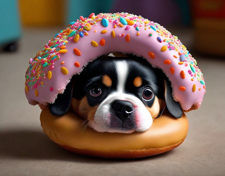 Adorable puppy peeking through large pink donut on colorful background