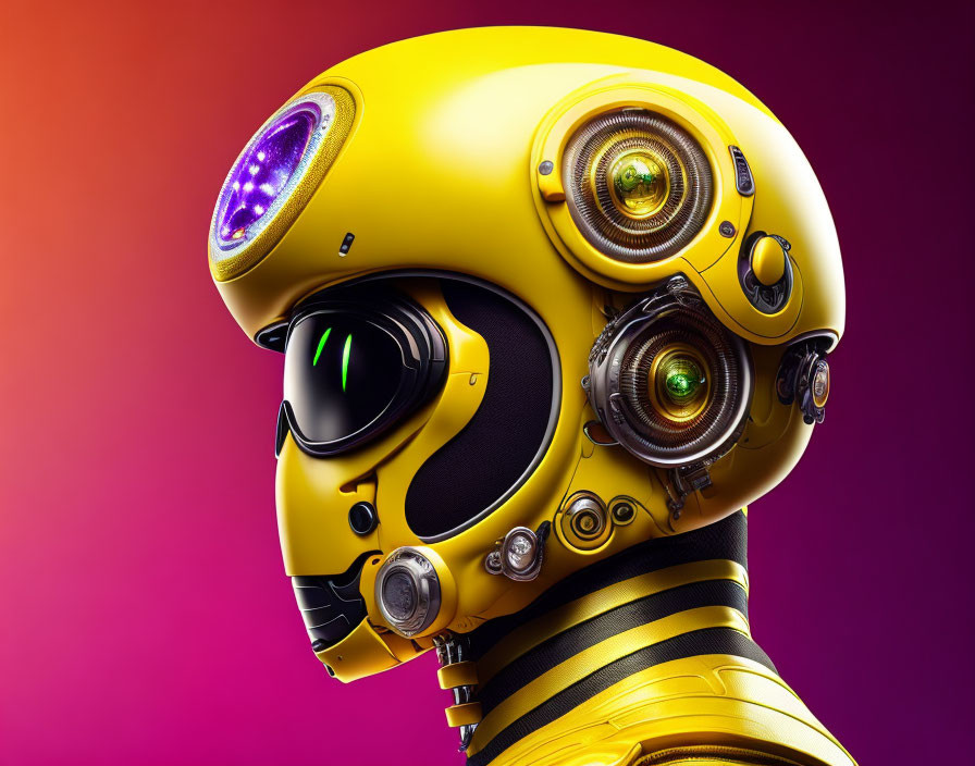 Detailed Robot Head in Yellow and Black on Pink Gradient Background