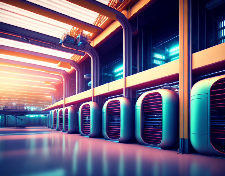 Modern Data Center with Glowing Neon Lights