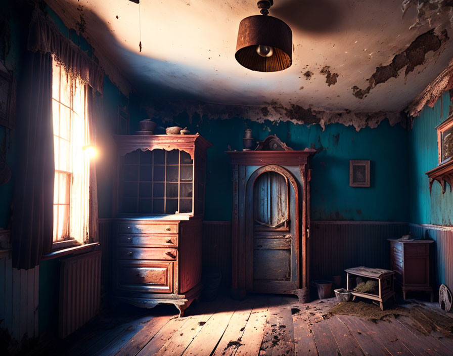 Vintage room with peeling wallpaper and antique furniture in sunlight