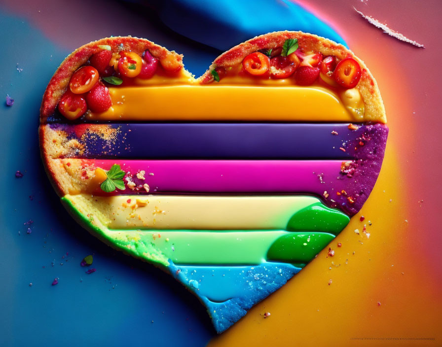 Vibrant pizza artwork with rainbow layers and colorful toppings