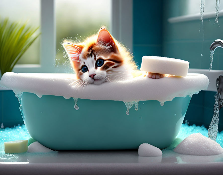Adorable Kitten in Bubble-Filled Bathtub Scene