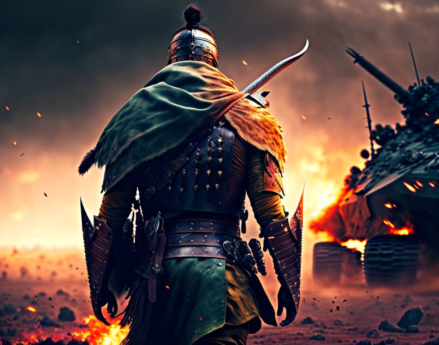 Traditional samurai in armor on fiery battlefield