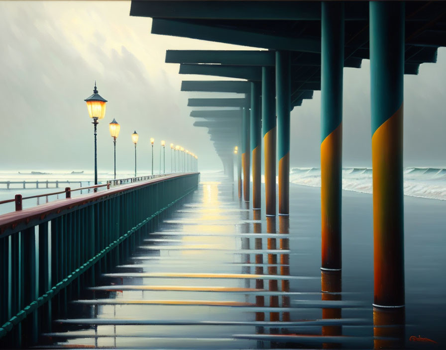 Seaside pier painting with mist and glowing street lamps