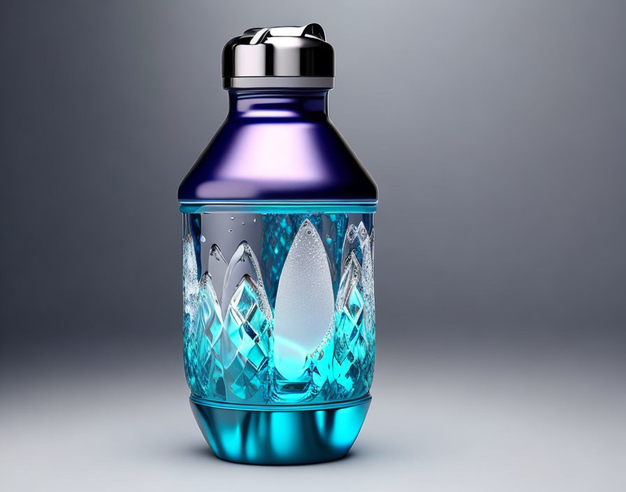 Modern Transparent Blue Sports Water Bottle with Metallic Cap & Crystal Texture