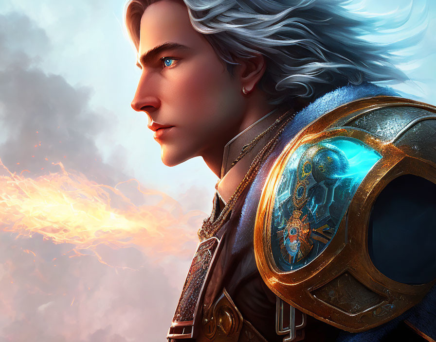 Fantasy male warrior digital illustration with silver hair and blue eyes