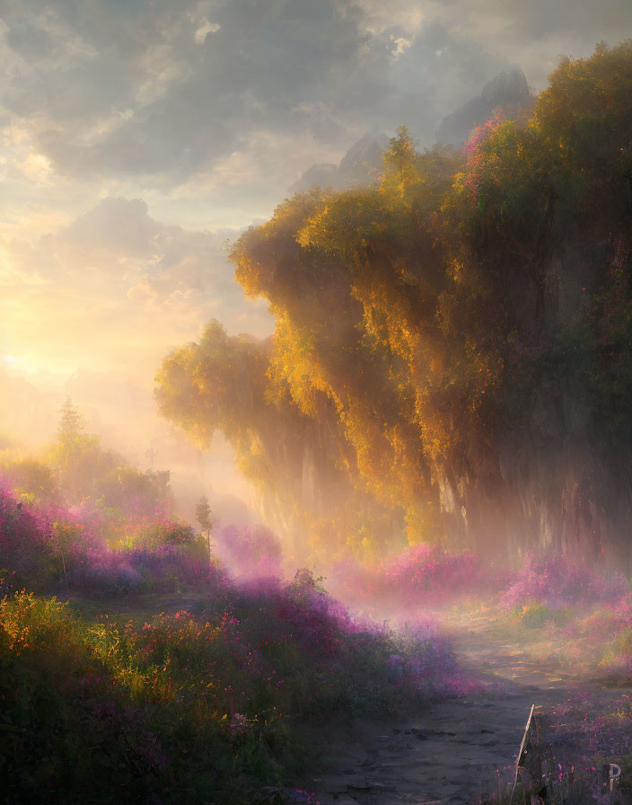 Serene fantasy landscape with cobblestone path, forest, sunlight, purple flowers.